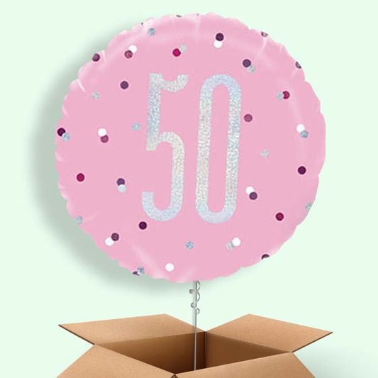 50th Birthday Balloons in a Box - Pink and Silver