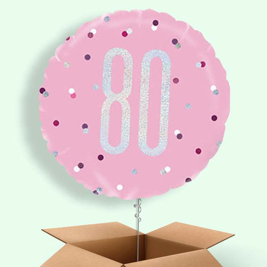 80th Birthday Balloons Inflated in a Box - Pink