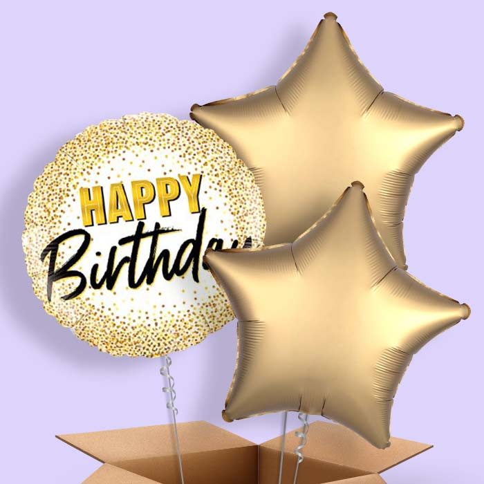 Gold Glitter Balloons in a Box - Happy Birthday