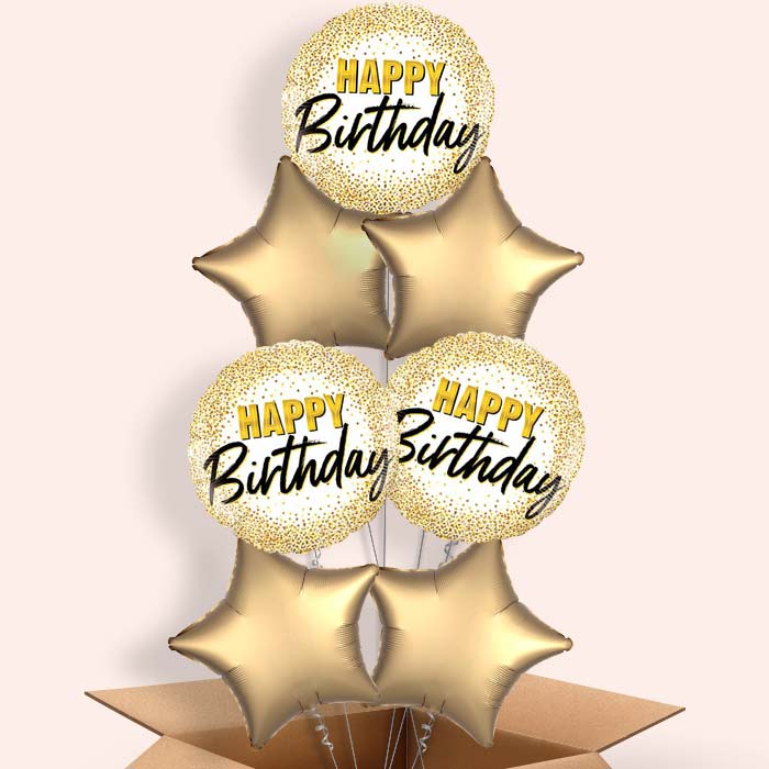 Gold Glitter Balloons in a Box - Happy Birthday