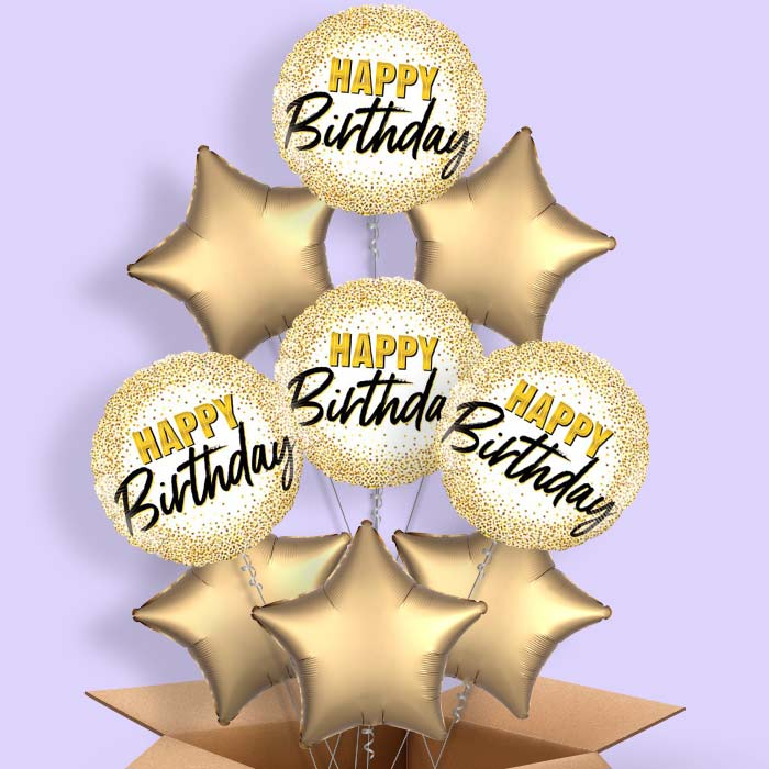 Gold Glitter Balloons in a Box - Happy Birthday