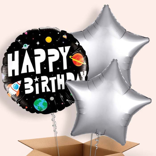 Space Happy Birthday Helium Balloons in a Box - 3 Balloon | Small Indoor Plants
