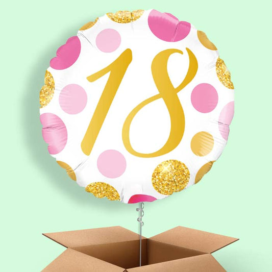 Pink and Gold Dots 18th Birthday Balloon in a Box