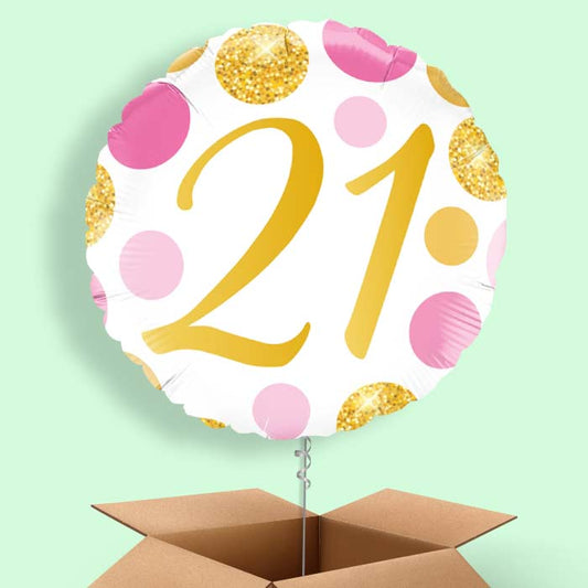 Pink and Gold Dots 21st Birthday Balloon in a Box