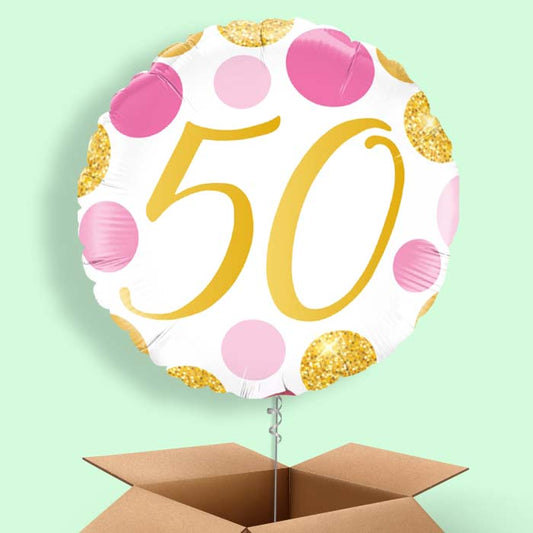 Pink and Gold Dots 50th Birthday Balloon in a Box