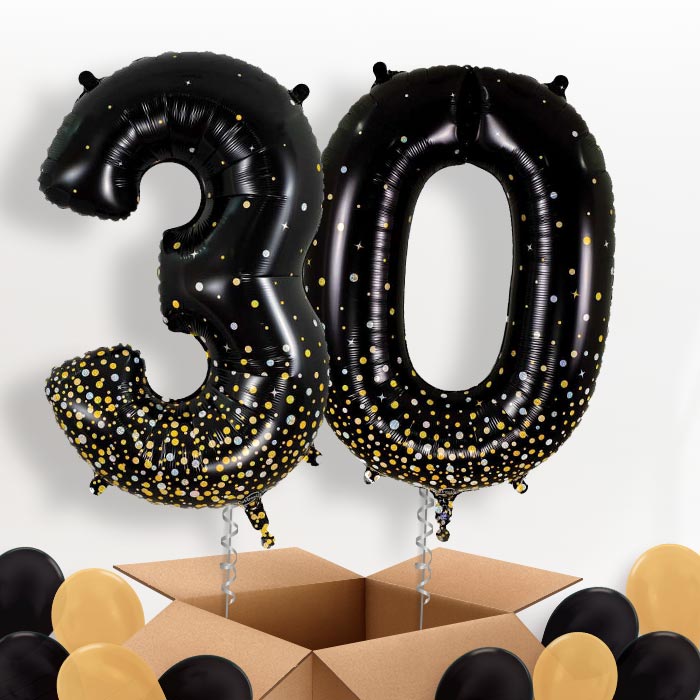 Black and Gold 30 Balloons in a Box - Package | Small Indoor Plants