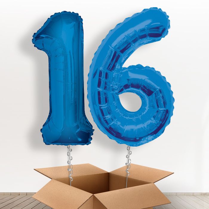 Blue 16th Birthday Balloon Numbers in a Box