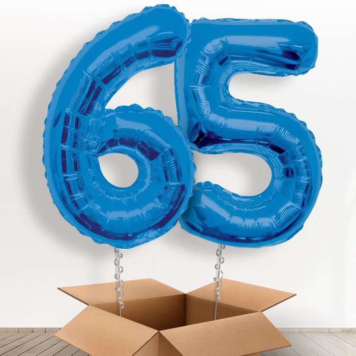 65th Birthday Balloons Delivered in a Box - Blue