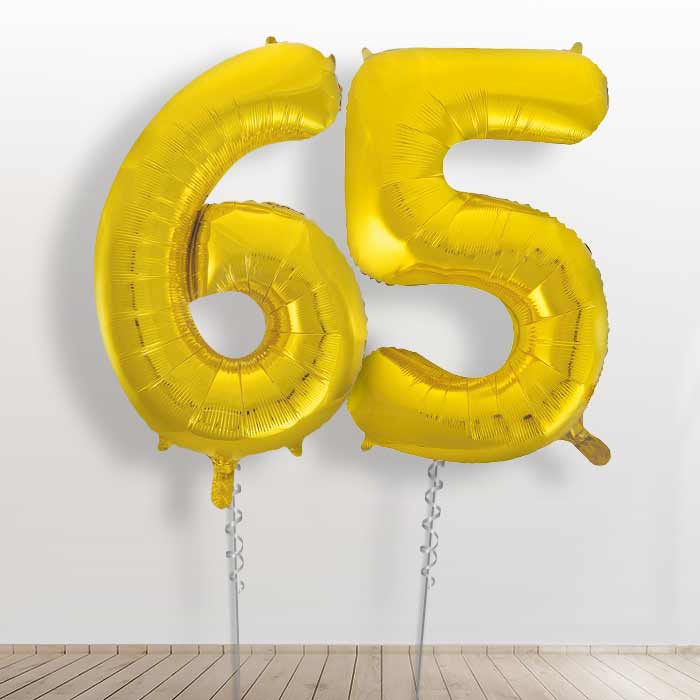 65th Birthday Balloons in a Box - Gold Numbers