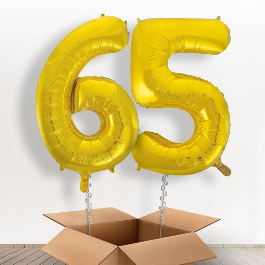 65th Birthday Balloons in a Box - Gold Numbers