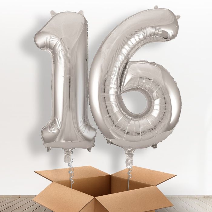 Silver 16th Birthday Balloon Numbers in a Box