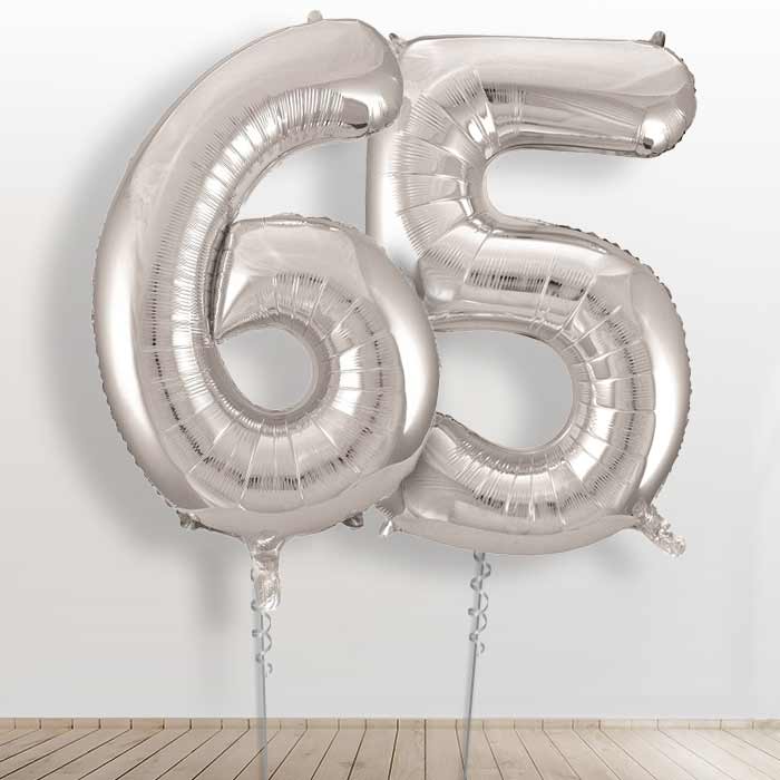 65th Birthday Balloons in a Box - Silver Numbers