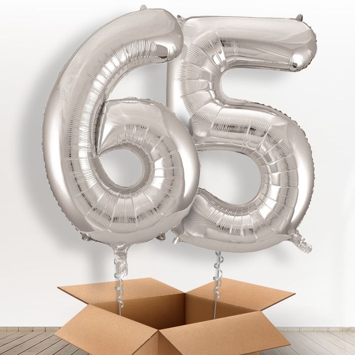 65th Birthday Balloons in a Box - Silver Numbers