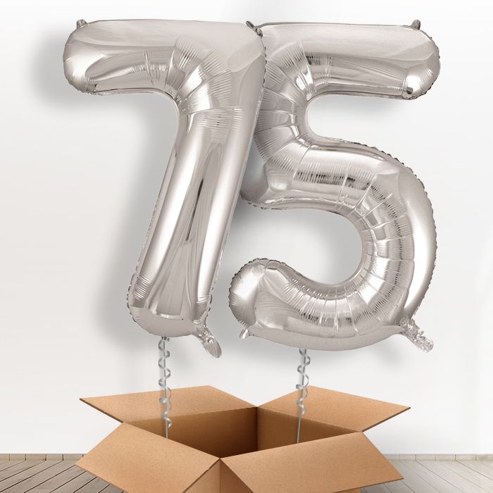 Age 75 Balloons in a Box - Silver Number