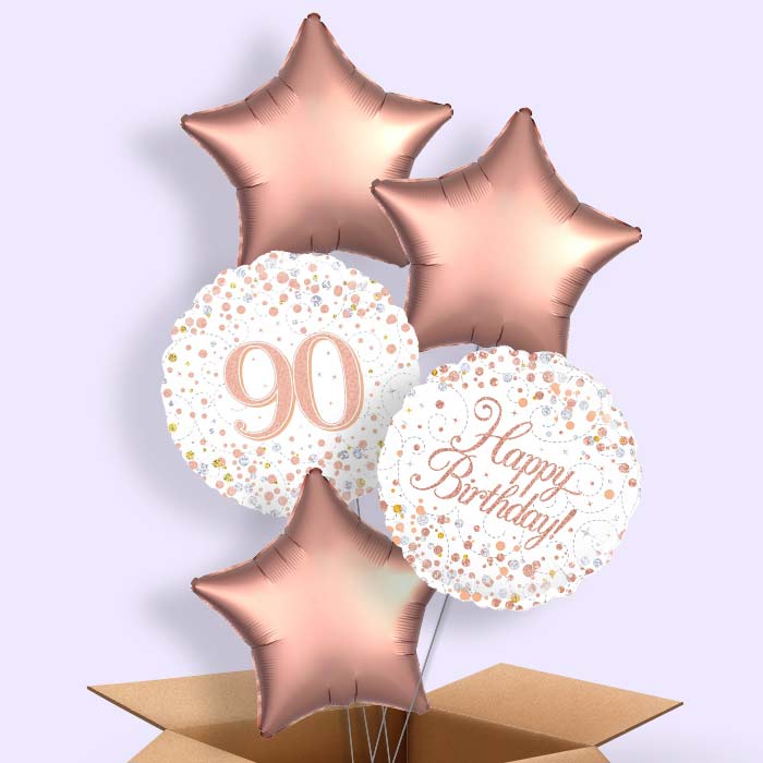 Rose Gold and White 90th Birthday  Balloon in a Box - 5 Balloon | Small Indoor Plants