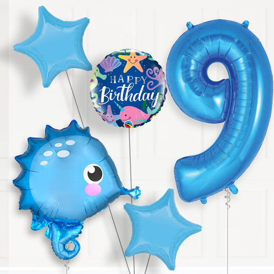 Blue Seahorse Helium Balloon Package 9th Birthday - Number 9 | Small Indoor Plants