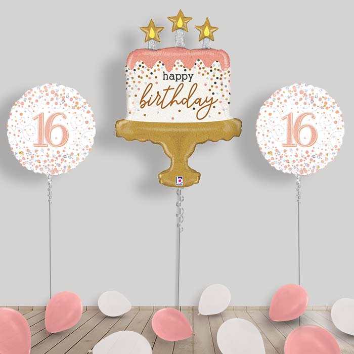 Rose Gold Balloon Display for Any Age Delivered Inflated - 16th Birthday | Small Indoor Plants