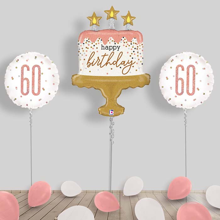 Rose Gold Birthday Balloon Display - Choose Age - 60th Birthday | Small Indoor Plants