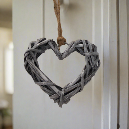 Grey Willow Small Hanging Heart Decorations Hanging in a home