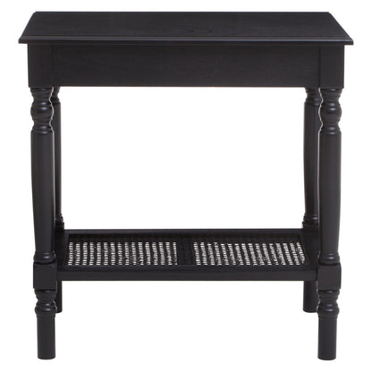 Heritage Black Wooden Side Table with Rattan Shelf