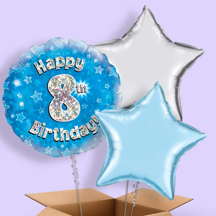 Happy 8th Birthday Blue Stars Balloon in a Box - 3 Balloon | Small Indoor Plants