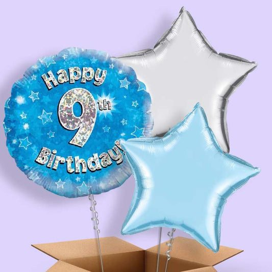 Happy 9th Birthday Blue Stars Balloon in a Box