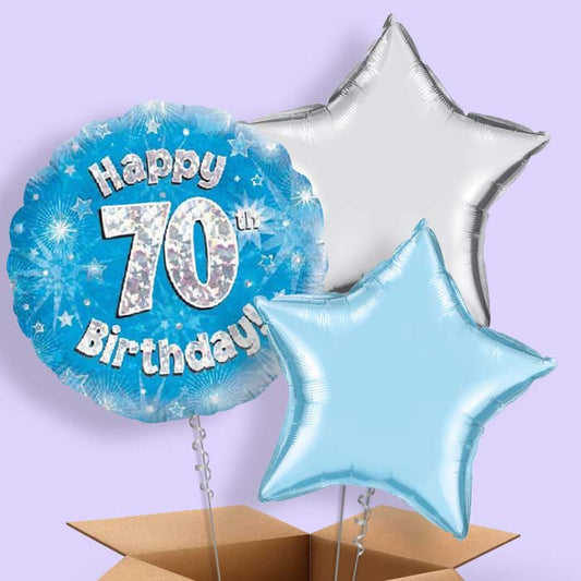 Happy 70th Birthday Blue Stars Balloon in a Box