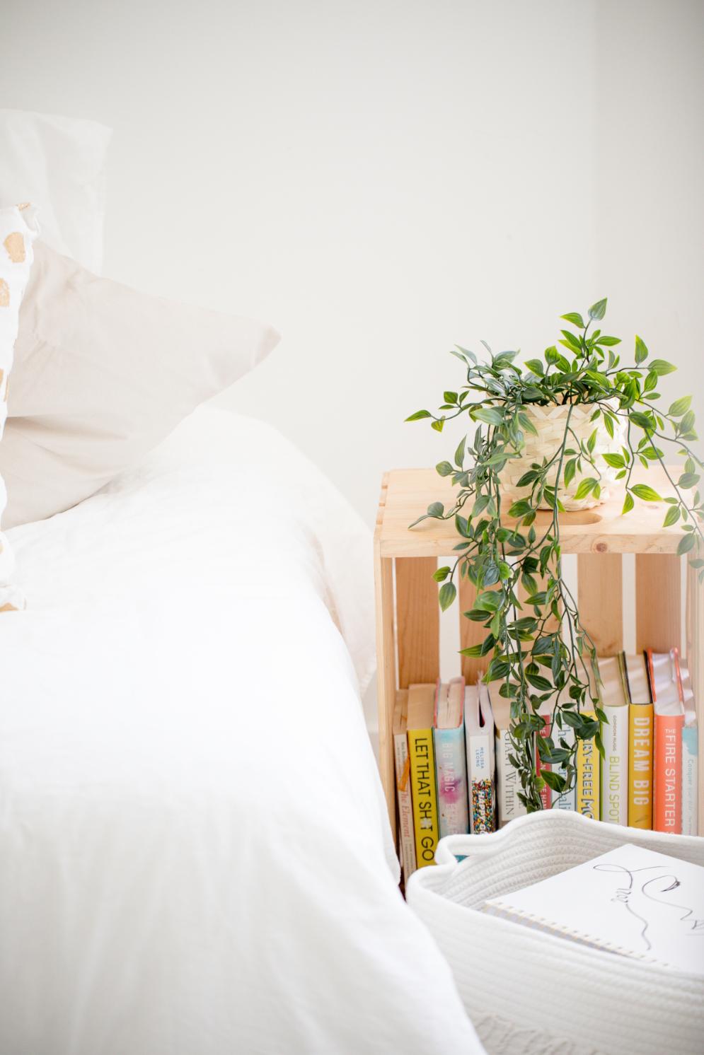 wooden crate bookshelf and a houseplant